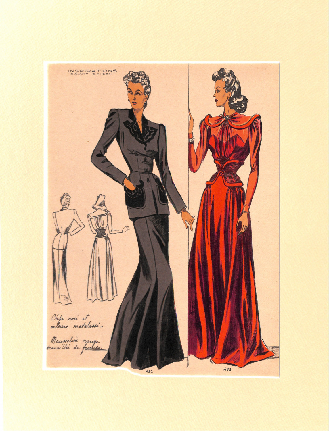 French Fashion Designs, Evening Gowns, Evening Wear, 1942