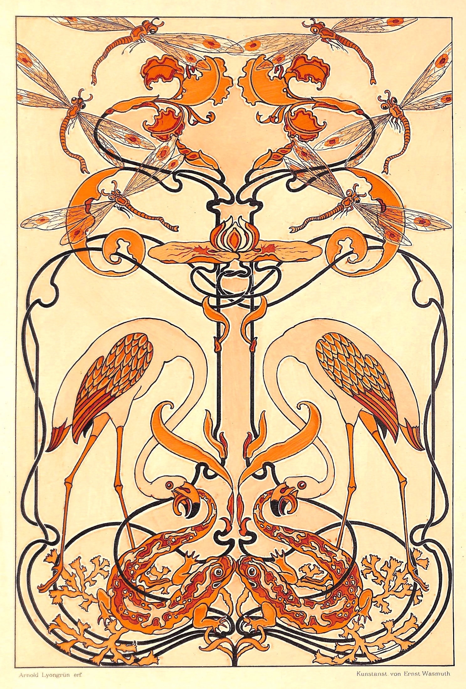 SOLD Flamingos, Art Nouveau, Antique Matted Print, Lyongrun 1899